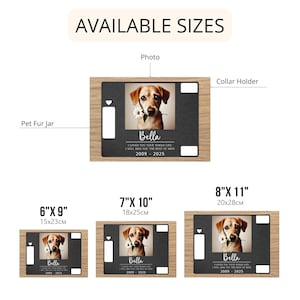 May include: A wooden memorial plaque with a photo of a dog, the dog's name "Bella", and the dates "2009-2025". The plaque is available in three sizes: 6x9 inches, 7x10 inches, and 8x11 inches.