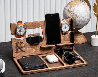 Personalized nightstand organizer . Mens Valet Tray Docking Station . Christmas Gift . Valet Stand for Dad . Gift box for Men
