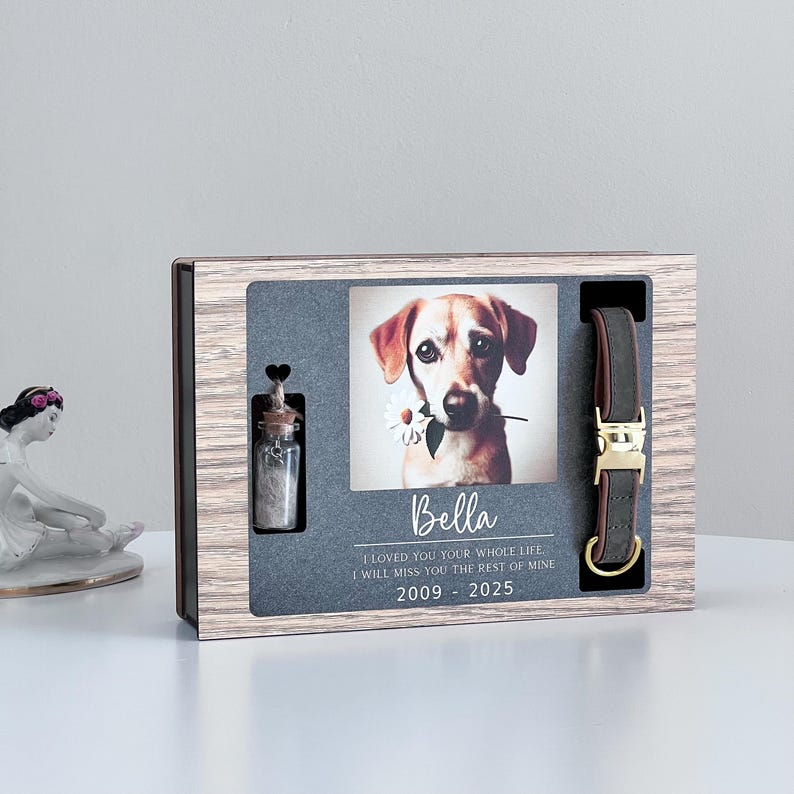 May include: A wooden box with a photo of a dog, a small glass vial, and a brown leather dog collar. The photo is of a brown and white dog with a daisy in its mouth. The text on the box reads: 'Bella I LOVED YOU YOUR WHOLE LIFE I WILL MISS YOU THE REST OF MINE 2009 - 2025'