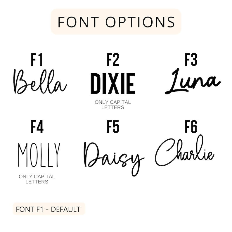 May include: Six different font styles are shown with the names Bella, Dixie, Luna, Molly, Daisy, and Charlie. The text "FONT F1 - DEFAULT" is at the bottom of the image.