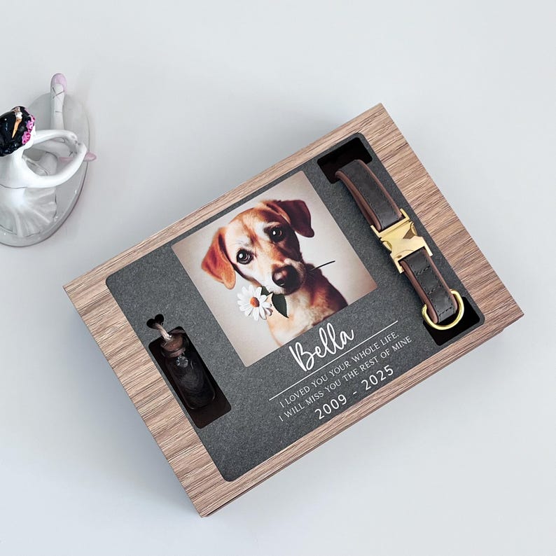 May include: A wooden box with a photo of a dog, a small glass vial, and a brown leather dog collar with a gold buckle. The box has a black background with the text "Bella I LOVED YOU YOUR WHOLE LIFE. I WILL MISS YOU THE REST OF MINE 2009 - 2025"