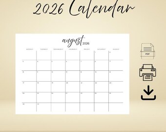 Calendario mensual imprimible 2026, elegante planificador horizontal (inicio en domingo y lunes) (descarga en PDF)