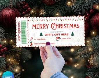 Plantilla editable de vale de regalo de Navidad, certificado de regalo de Papá Noel, cupón de regalo de Navidad imprimible, regalo de Navidad de última hora, vale de Papá Noel