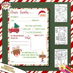 Carta a Santa IMPRIMIBLE, Querido Santa, Lista de Navidad para niños, Páginas para colorear adicionales, Navidad, Plantilla imprimible SANTA