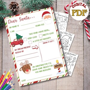 Carta a Santa IMPRIMIBLE, Querido Santa, Lista de Navidad para niños, Páginas para colorear adicionales, Navidad, Plantilla imprimible SANTA