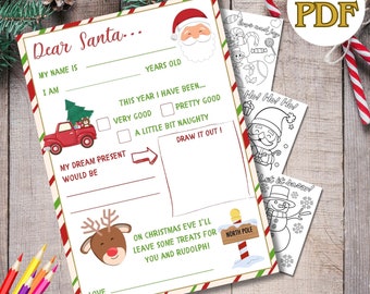 Letter to Santa PRINTABLE, Dear Santa, Kids Christmas List, Bonus Coloring Pages, Christmas, Printable Template SANTA
