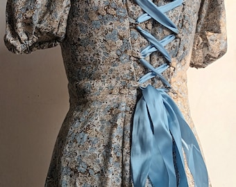 Floral Cotton Dress Corset Cottagecore Milkmaid Beige Blue Midi Upcycled
