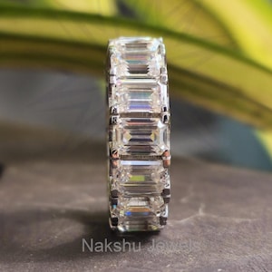 Moissanite Emerald Cut Wedding Band 14K White Gold Full Eternity Moissanite Wedding Band Shared Prong Anniversary Ring Matching Band