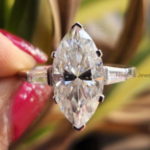 4 Ct Marquise Cut Moissanite Engagement Ring, Wedding Ring, Marquise Cut Ring, Elongated Marquise, Three Stone Ring