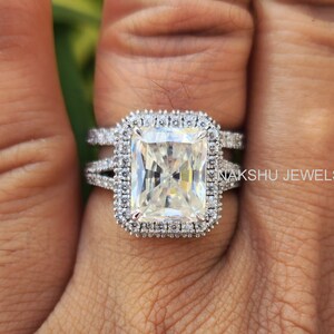 Unique Engagement Ring Set Radiant Cut Moissanite Engagement Ring with Matching Eternity 14k Gold Eternity Band Gift for her Bridal Set Ring