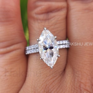Marquise Cut Moissanite Engagement Ring Set White Gold Hidden Halo Engagement Ring Vintage Marquise Wedding Ring Bridal Set Anniversary Gift