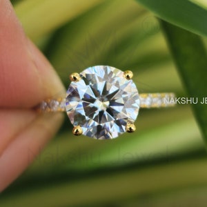 Hidden Halo Round Moissanite Engagement Ring, 14K Gold Solitaire Engagement Ring, Minimalist Moissanite Promise Ring for Her, Gift for Women
