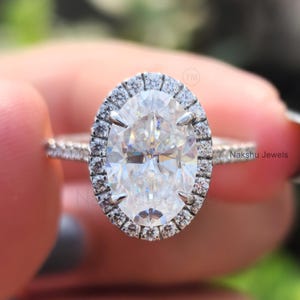3Ct Oval Moissanite Engagement Ring: 14K Gold Halo Solitaire