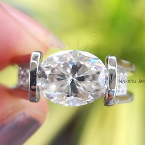 White Oval Cut Moissanite Engagement Ring East West and Round Pave Diamond Ring, Euro Shank Womens Wedding Band 2 CT Oval Moissanite Ring