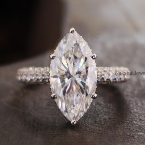 Marquise Cut Moissanite Engagement Ring: 14K Solid Gold Hidden Halo