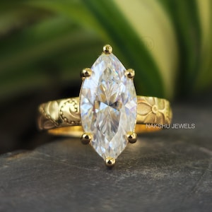 Marquise Cut Moissanite Engagement Ring Vintage Unique 14k Gold Filigree Engagement Ring For Women Marquise Diamond Wedding Anniversary Gift
