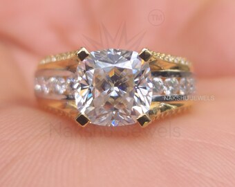 Cushion Cut Moissanite Engagement Ring: 14k Gold Hidden Halo Wedding Ring