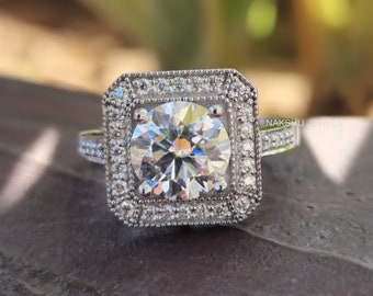 Milgrain Moissanite Halo Engagement Ring: Art Deco White Gold