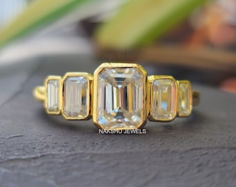 Emerald Cut Moissanite Engagement Ring, Bezel Set 14k Gold Anniversary Ring