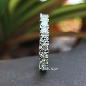 Women Round Colorless Moissanite Wedding Band, 14K White Gold Full Eternity Band, Anniversary Gift For Women, Matching Band for Bridal Ring