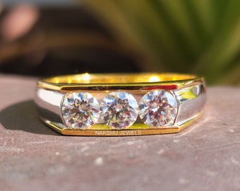 Men's 14K Gold Moissanite Ring: Three Stone Tension Set Promise Ring