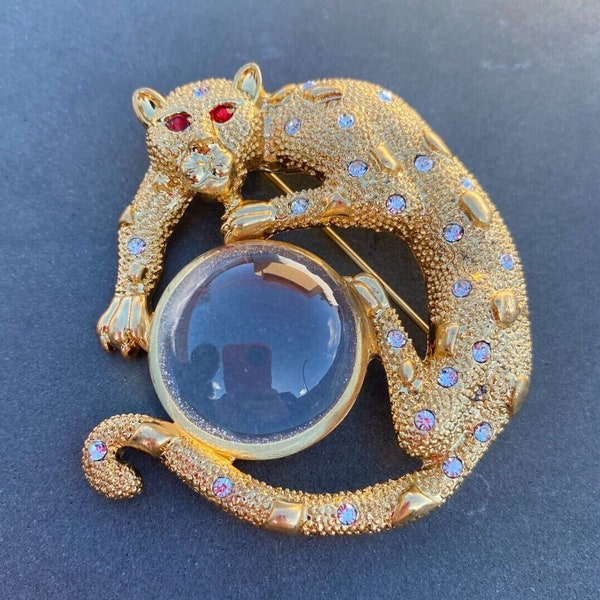 Not Vintage. Vintage Style Gold Plated panther glass jelly belly brooch pin