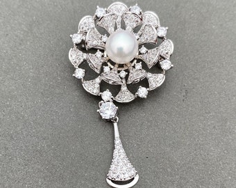 Broche de perla blanca de agua dulce estilo vintage chapado en platino Pin colgante regalo de cumpleaños con caja de regalo