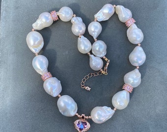 Collier de perles baroques, 17-24mm grand collier de coeur rose de perle de boule de feu, grand collier de perles d'eau douce, collier de perles de boule de feu de lustre élevé