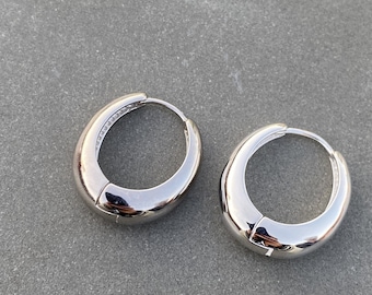 Oval Sterling Silver Huggie Hoop Earrings • 925 Silver Chunky Hoops • Minimalist Piercing Earrings with gift box birthday gift wedding