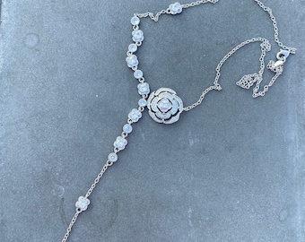 White Gold Plated Long Dangle Chain Necklace crystals with gift box Camelia Flower Birthday Gift Wedding bridal anniversary gift for her