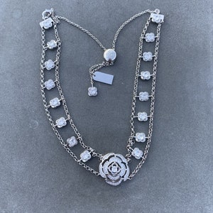 White gold plated Camelia flower Chocker Necklace Silver tone with cubic zirconia stones adjustable with gift box birthday gift bridal