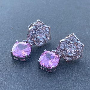 White Gold Plated Pink Diamond Pastes Camellia Rose Flower Dangle Studs Earrings With Gift Box For her wife mother sister daughter teacher