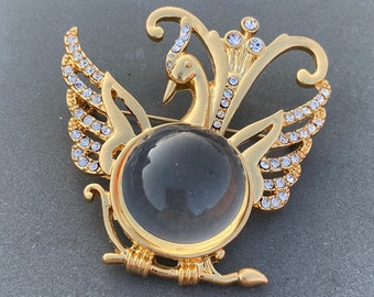 NOT Vintage. Vintage style gold plated glass jelly belly clear phoenix brooch pin with gift box