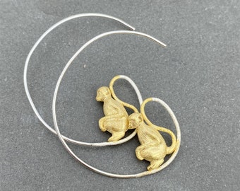 Handmade Monkey Hoop Earring, Sterling Silver 925 24K Gold Plated Monkey Animal Earrings with gift box Wedding gift Bridal gift