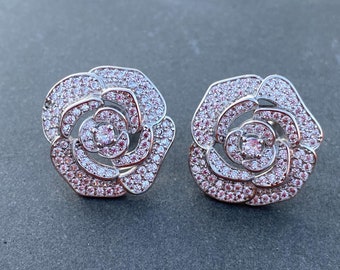 White Gold Plated Camellia Flower Diamond Pastes Studs Earrings With Gift Box Birthday Wedding Anniversary Bride for her teacher daughter