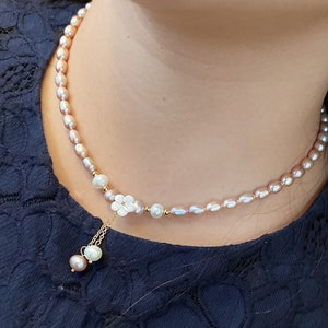 Freshwater Pearls Necklace With Mother Pearl Carved Flower Necklace Gift For Her Birthday Gift