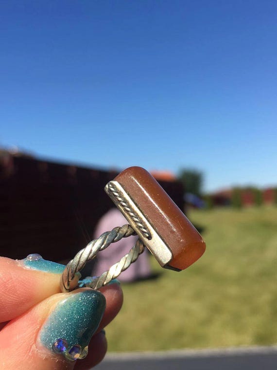 Authentic Antique Baltic Amber Ring Rectangle Lux… - image 5