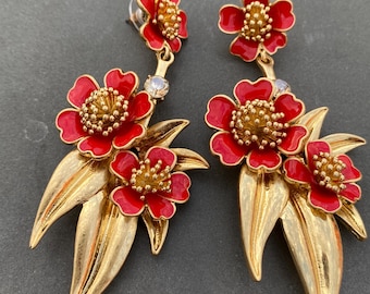 Oscar De La Renta Gold Plated Red Flower Big Earrings Birthday Gift Statement For her mother daughter girlfriend events party luxury design