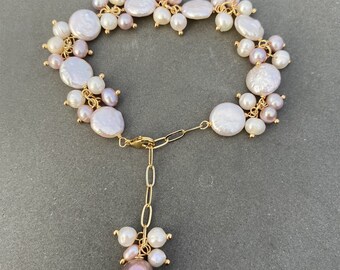 Bracelet Réglable Plaqué Or Jaune Avec Perle Baroque Naturelle - Ancien, Occasion Luxe