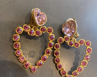 Boucles D'oreilles Cœurs Oscar De La Renta - Cristaux Verts, Or Jaune Plaqué, Neuves