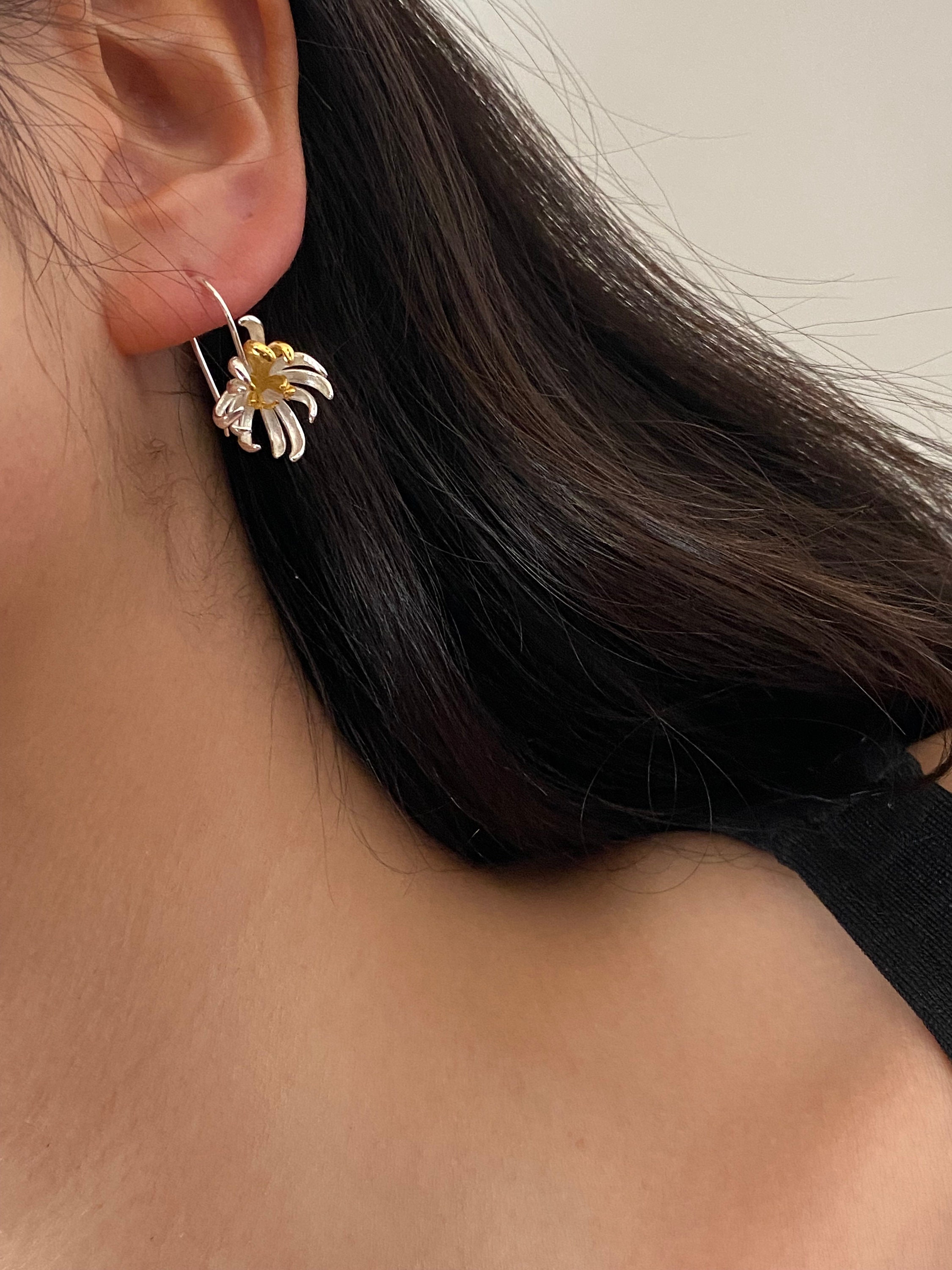 Boucles D'oreilles En Argent 925 - Pierres Fossiles De Corail Chrysanthème - Fait Main, Neuf Sans Emballage