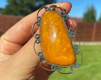 Broche Ancienne Art Déco/Nouveau - Argent Massif 925 - Cabochon Ambre - Créateur