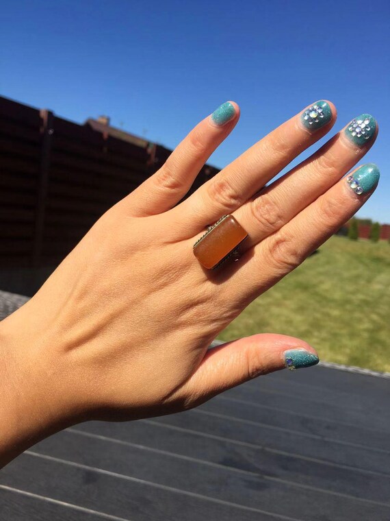 Authentic Antique Baltic Amber Ring Rectangle Lux… - image 6