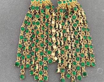 Oscar De La Renta Gold Plated Green Crystals Dangle Drop Tassels clip on earrings birthday gift party event for her mother sister daughter