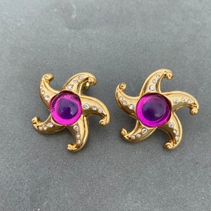 Not Vintage. Vintage style starfish gold plated purple glass jelly brooch earrings studs