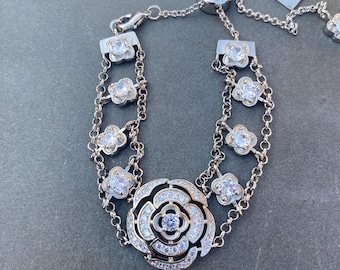 White gold plated Camelia  flower Adjustable bracelet chain Silver tone with cubic zirconia stones gift box birthday gift bridal daughter