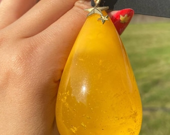Autentico ciondolo a stella portafortuna in oro 14 carati con ambra gialla color caramello baltico, regalo di lusso per lei e per lui, ideale per compleanno, anniversario o come oggetto da collezione per la mamma.