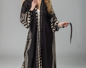 Handbedruckter Baumwoll-Kimono, wunderschönes schwarzes Kleid, Bademantel-Kimono, Duschmantel, Baumwoll-Kimono-Robe, Sommer-Nachtwäsche, Einheitsgröße