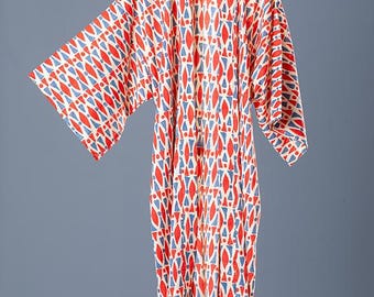 Kaftán de algodón con estampado de peces, bata kimono, pareo de playa, estampado a bloques, ropa de resort.