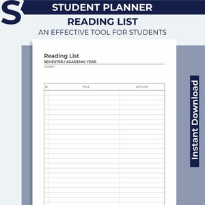 Reading List Tracker, Student Planner Printable, College, University ...